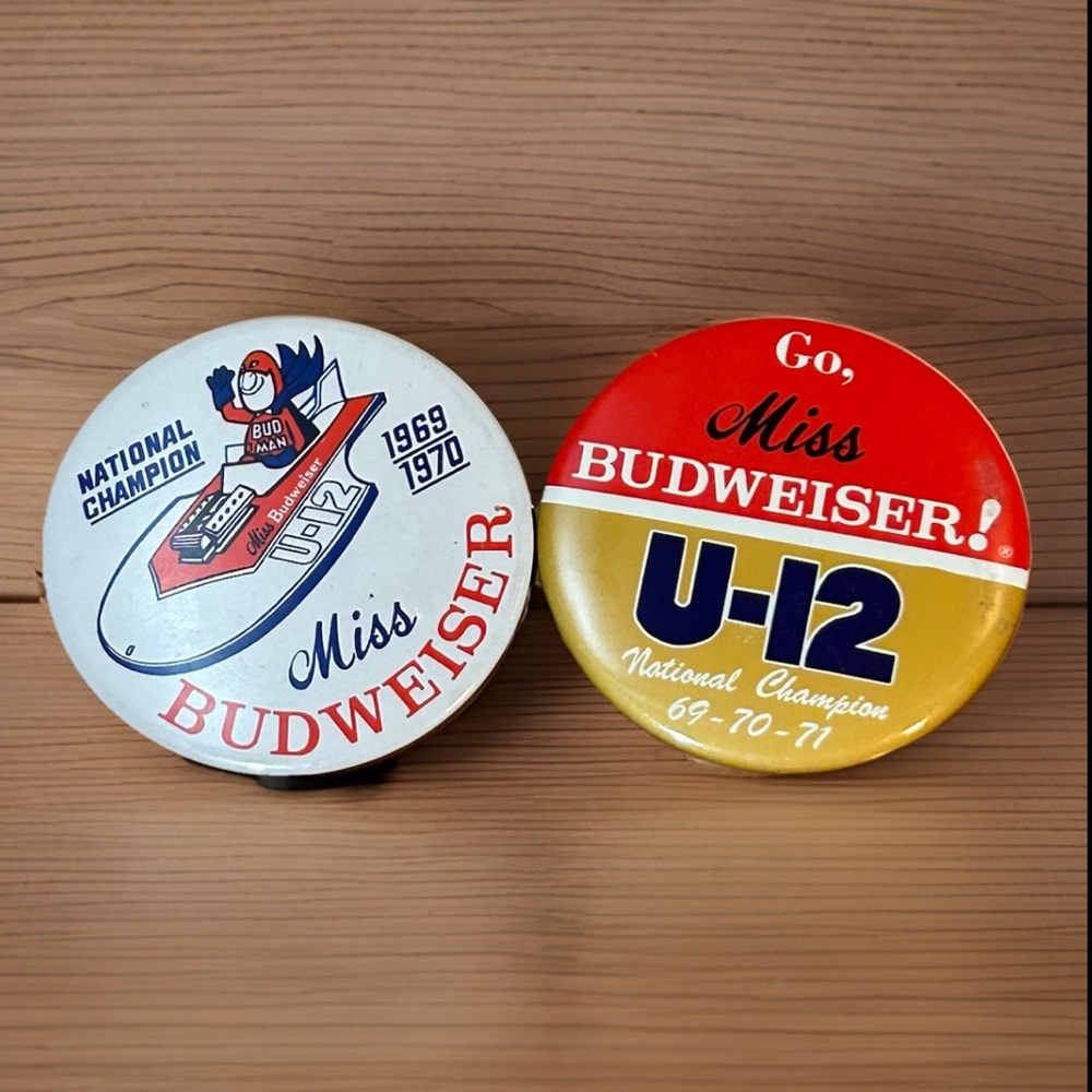Lot of 2 Miss Budweiser U-12 Buttons Pins Vintage Hydroplane Races 70’s